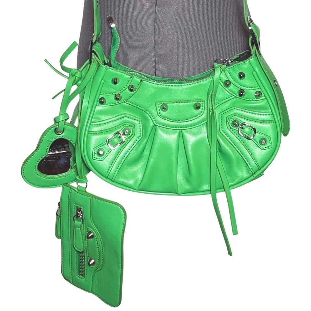 Green Y2K Style Studded Shoulder Bag Motocross Cyber Aesthetic Purse DAMAGED